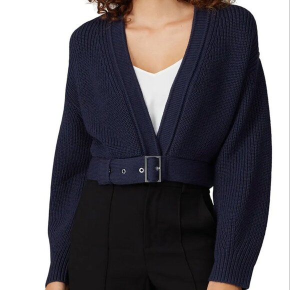 Sally LaPointe Black Blue Navy Cropped Belted Cardigan Size S - Picture 1 of 6
